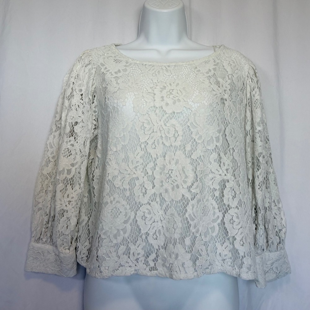 Zara Lace Blouse Floral Sheer Puff Sleeve White‎ US M